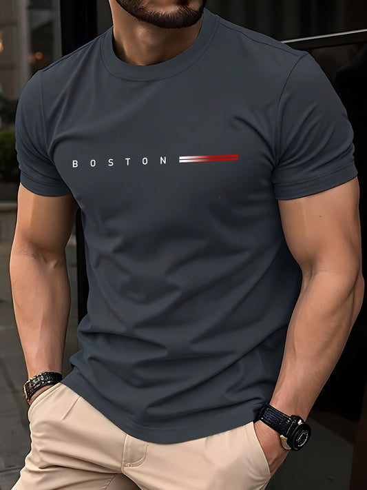 Men's Heavyweight 180gsm Cotton T-Shirt - Dark Gray Crew Neck Tee with Bold "Boston" Print, All-Season Everyday & Formal Shirt for Men - Machine Washable Luxury Casual Top, Versatile Clothing, Modern Design, Premium Fabric, S