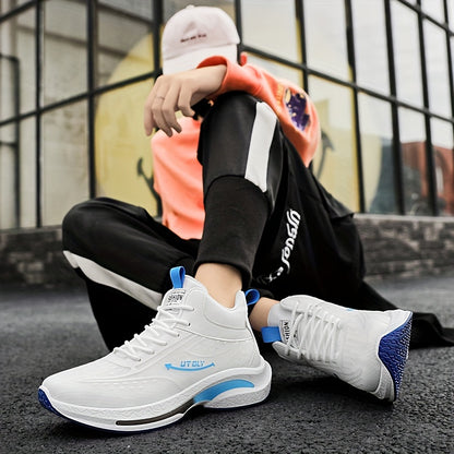 Men'S High-Top Lace-Up Athletic Sneakers - Breathable Fabric, PVC Sole, EVA Insole, Stylish Blue & White Design for Casual and Outdoor Activities, Everyday Sneakers | Sporty Casual Shoes | Durable PVC Sole