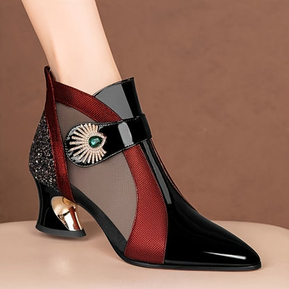 Geometric Pattern Sexy Heeled Sandals, Pointed Toe Zipper Closure, Mid Block Heel, Polyurethane Upper/Inner, Rubber Sole, Non-Washable - Fashionable Hollow Out Mesh Boots for Spring/Summer