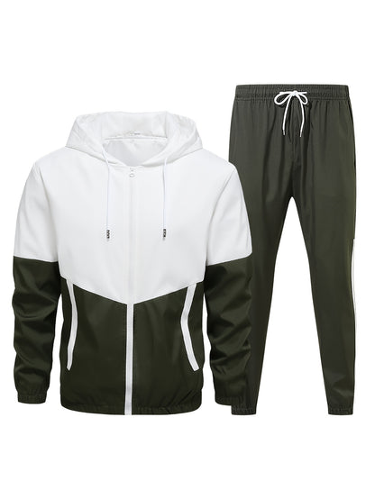 Men's Casual Athletic Hoodie and Pants Set - Color Block Design, Polyester, Machine Washable, Spring/Fall Sportswear, Blue & White Two-Piece Outfit, Everyday Activewear|Modern Athletic Look|Polyester Sportswear