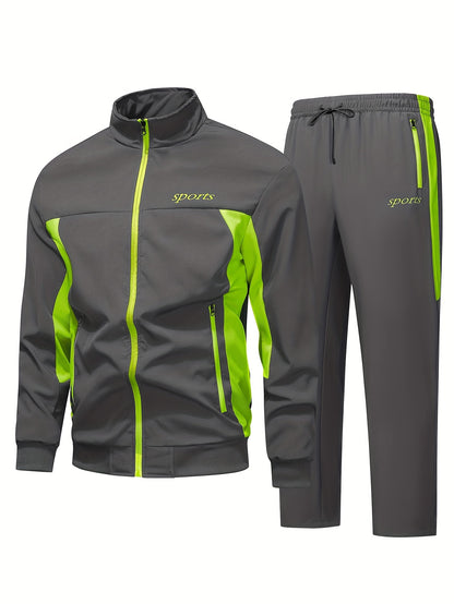 Men's Two-Tone Spliced Jacket and Pants Set in Fluorescent Green with 'Sports' Letter Print, Eye-Catching Fashion Design, Comfortable Soft Fabric, Essential Outfit for Home or Outdoor Wear TZ8030