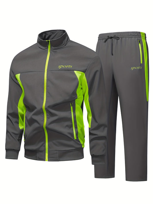 Men's Two-Tone Spliced Jacket and Pants Set in Fluorescent Green with 'Sports' Letter Print, Eye-Catching Fashion Design, Comfortable Soft Fabric, Essential Outfit for Home or Outdoor Wear TZ8030
