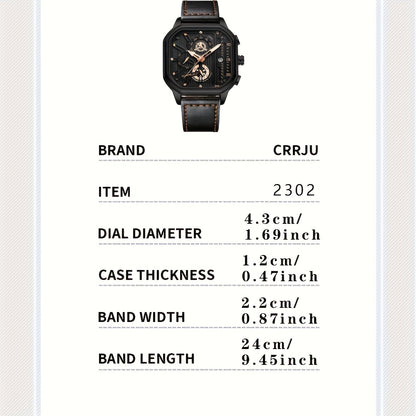 CRRJU Men's Sporty Chronograph Watch with Rose Golden Accents, Quartz Movement, IPX8 High Quality, Black Dial & Brown Faux Leather Strap - Durable Casual & Formal Timepiece