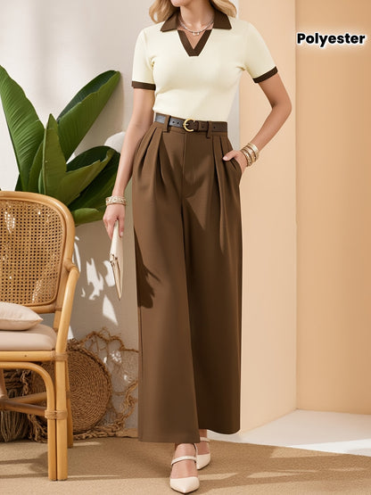 Elegant Women'S Polo Shirt and Wide-Leg Pants Set - Chic Solid Color, V-Neck Short Sleeve with Belt, Casual Spring/Summer Outfit, Polyester Blend, Button Details, Wide Leg Pants, Casual Attire|Vneck Top|Polyester Fabri