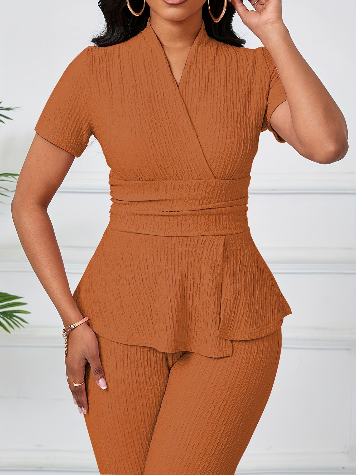 Women'S Elegant Casual Solid Color Textured Jumpsuit - Stylish Short Sleeve Top & Wide-Leg Pants, Perfect for All Seasons, Casual Attire|Textured Jumpsuit|Casual Style