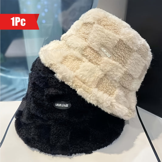 1pc Fashionable Unisex Winter Warmth Bucket Hat, Thickened Plush Polyester Fiber, Knitted Elastic Fabric, Cozy Plaid Fisherman Cap with Lettering