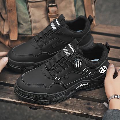 Men's Solid Color Skate Sneakers - Adjustable Rotating Buckle Straps, Slip-Resistant PVC Sole & Durable PU Upper, Low-Top Lace-Up Design for Hiking, Walking, Daily Wear - All-Season Casual Streetwear Shoes, Skate Shoes