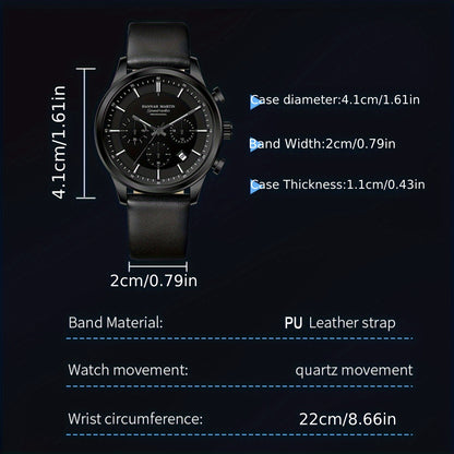 HANNAH MARTIN Men's 2025 Business Chronograph Watch - Black Arabic Numeral & Bar Markers, Date/Second Time Zone, Quartz Movement, Faux Leather Strap, High Quality 30m, Casual & Formal Watch for Casual Attire, Versatile Timepi