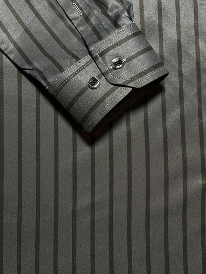 Men's Slim-Fit Striped Long Sleeve Shirt - Polyester, Machine Washable, Business Casual Style for Spring/Fall, 1856 Print, Hexagon Collar