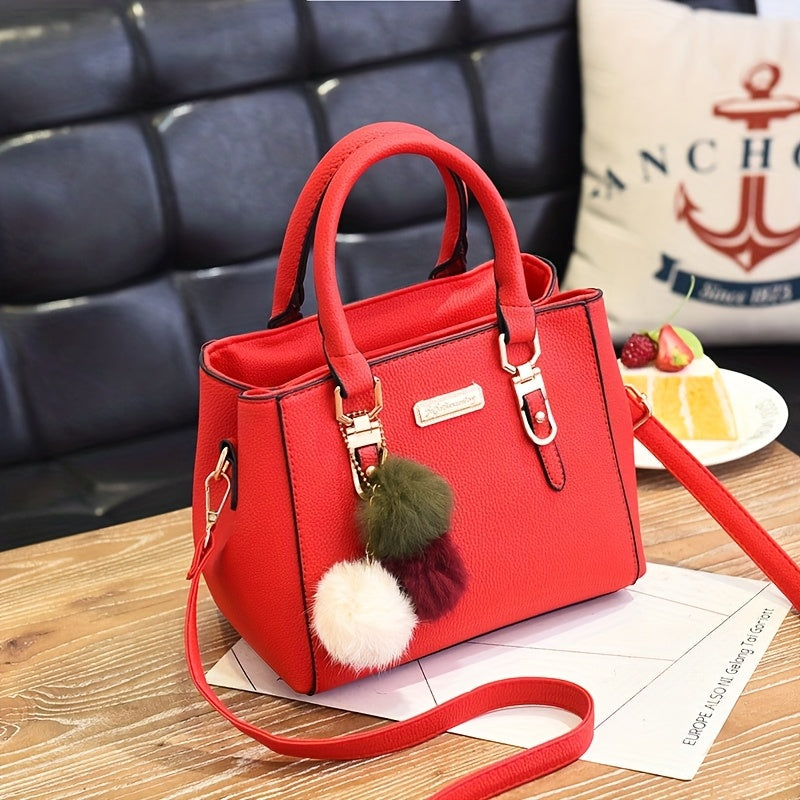 Stylish Lychee Pattern Handbag with Adjustable Strap and Pom Pom Ball Charms - Versatile Shoulder Handbag for Women in Black, Army Green, Khaki, Light Grey, Dark Grey, Red, Crossbody Purse, Charming Pom Pom Accents, Metallic