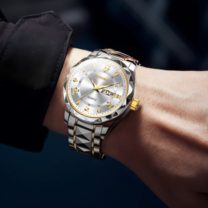 Elegant Men's Stainless Steel Watch with Dual Calendar, Luminous Display & Rhinestone Accents - Perfect for Business or Casual Wear