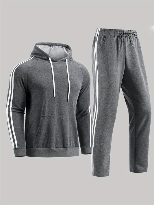 A Set of Two Men'S Casual Sports Outfits, Featuring a Striped Design with Moderately Soft Fabric, Suitable for Outdoor Running And Fitness Activities in All Seasons.