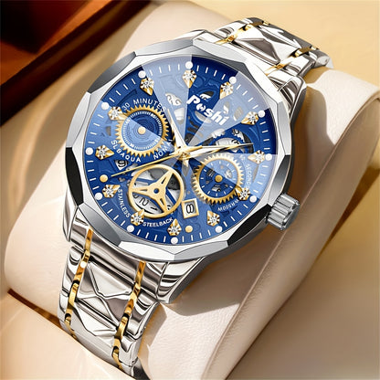 POSHI Men's Luxury Golden-Tone Quartz Watch with Rhinestone Accents, Luminous Waterproof Design, Calendar Feature, and Stylish Hexagonal Hands - Perfect Business Gift for Men, Formal Timepiece