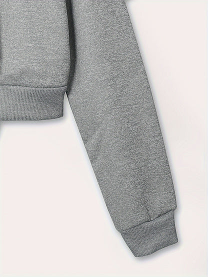 Zip Up Cropped Drawstring Hoodie, Casual Long Sleeve Sweatshirt For Spring & Fall, Women's Clothing
