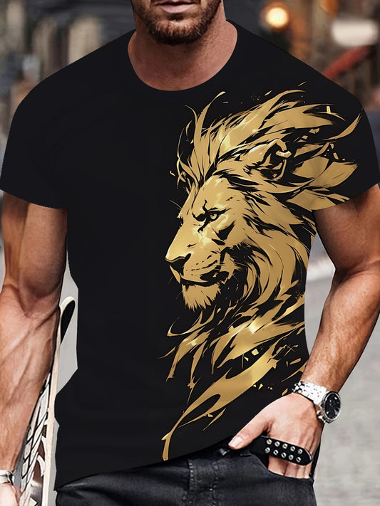 New Lion 3D Print Pattern, Casual Short Sleeve Round Neck T-Shirt, Outdoor Men's Clothing