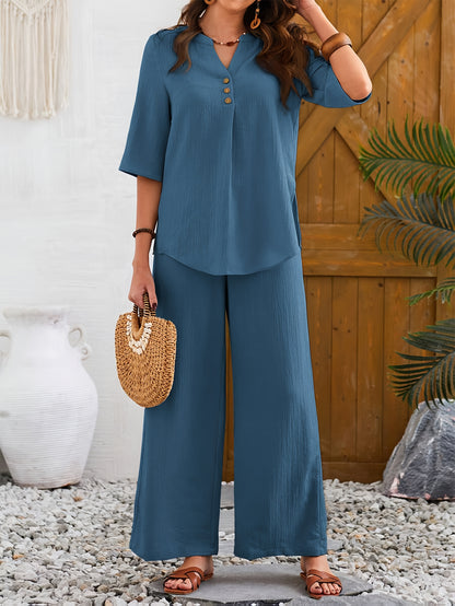 Women'S Large Size Elegant Wide Leg Pants Short Sleeve Top Set with Fake Buttons, YUKIWI