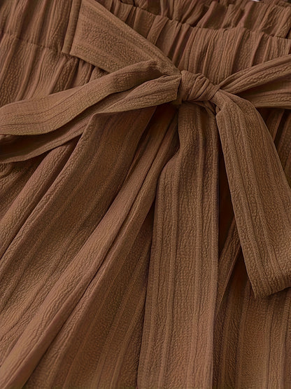 Women'S Fashion Pleated Pants, Polyester, Casual Solid Color, Spring/Summer/Autumn, Belted, Wide Leg, Adult, Woven Fabric