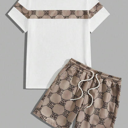 Men's fashionable casual T-shirt set- Checkered print design, round neck, short sleeve and shorts combination, fashionable and casual, two-piece set for summer daily wear