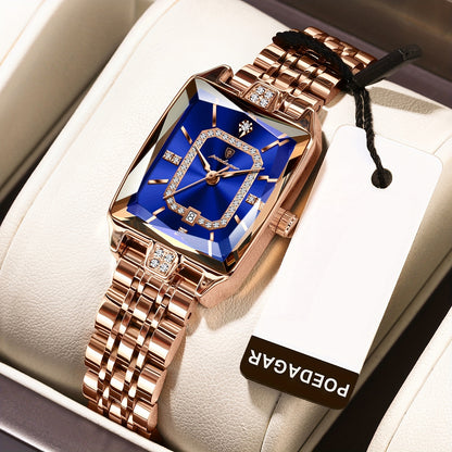POEDAGAR Elegant Women's Quartz Watch - Rose Golden Stainless Steel, (3ATM), Square Dial with Gemstone Accents, Date Display, Luxury Fashion Accessory for Casual or Formal Occasions