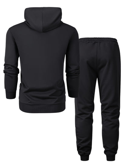Men's Long Sleeve Hooded Sweatshirt + Threaded Sweatpants Set Spring and Autumn Solid Color Pullover Regular Long Sleeve T-shirt and Pants Belt Drawstring Casual Sports Trousers Two-piece Set