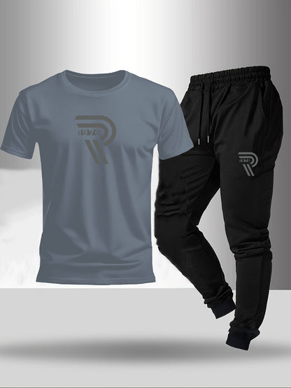 2pcs Set, Men'S Casual Loungewear, Gift, Fashion Print, Round Neck T-Shirt with Drawstring Pants, Outfit