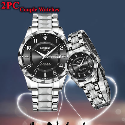 2pcs BNDBONY Brand Men And Women Couples Quartz Watch Stainless Steel Strap Scratch-Resistant Wear Luminous Pointer Digital Simple Hd Disc IPX7 Waterproof Fashion Multifunctional Couples Watch Holiday Couples Lover Birthday G
