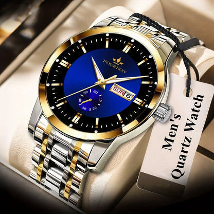 1 New Brand Men'S Luxury Automatic Quartz Watch with Stainless Steel Strap, Blue Dial, Date Display, and Luminous Hands - Waterproof, Stylish for Casual Attire, Perfect Gift for Holidays and Birthdays, Casual Wear Watch | Ele