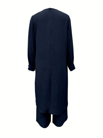 Ramadan, Women's Front-Button Long Sleeve Slit Dress & Pants Casual Arabic Style 2pcs Set, Only Clothes, Without Headscarf