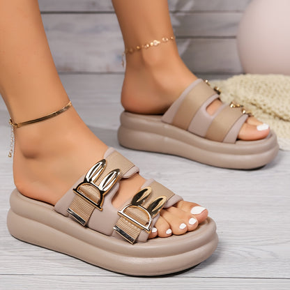 Women'S Stylish Black Slide Sandals with Golden Buckles - Comfortable Flat Sole, Open-Toe Design, Perfect for Beach or Casual Summer Wear, Casual Summer Wear|Open Toe Sandals|Synthetic Cover Sandals