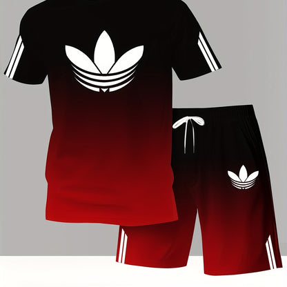 ADIDA Letter Set Short Sleeve + Shorts Two-Piece Men's Fashion Casual Round Neck T-Shirt Outfit, European Style Trendy Short Sleeve Set
