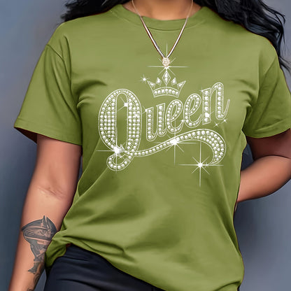 Sparkling Rhinestone Queen Crown Graphic Casual T-Shirt - Vibrant Orange Short Sleeve Round Neck Top with Medium Stretch, Machine Washable for Casual Attire & Parties, Cute T Shirts, Allseason Apparel, Party Wear, Mediumstret