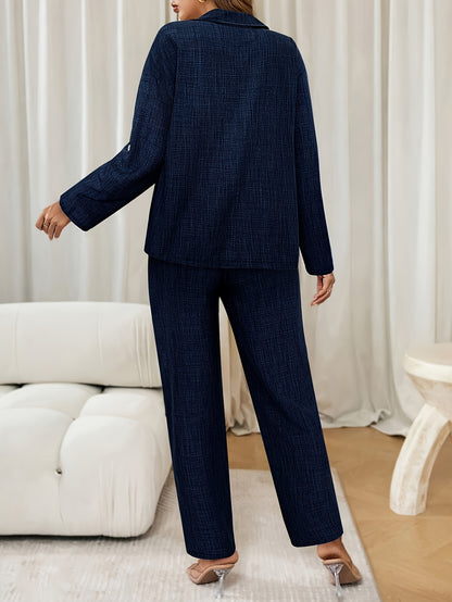 Elegant Women's Two-Piece Outfit: Solid Color Button-Up Shirt & Wide-Leg Pants Set - Polyester, Machine Washable - Perfect for Spring/Fall