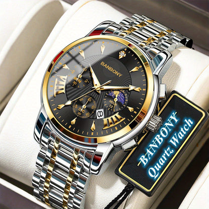 BANBONY Automatic Quartz Watch for Men & Women - Stainless Steel Strap, Blue & Golden HD Large Dial, IPX7 Waterproof, Rhinestone Accents, Date Calendar, Luminous Hands - Casual Fashion Unisex Watch for Birthday Holiday Gifts,
