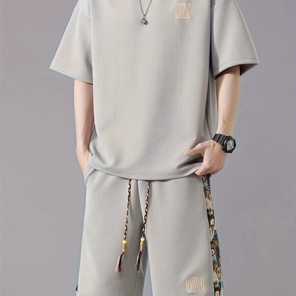 Men's Summer Casual Fashion Set: Embroidered Loose-Fit T-Shirt & Shorts - Breathable Polyester Blend, Non-Stretch Fabric, Pineapple, Sports Set