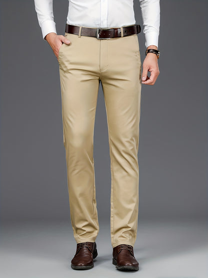 Men'S Stretch Fit Straight-Leg Trousers - Beige Business Casual Pants with Elastic Waistband, Perfect for Spring & Fall, Office Attire|Sleek Formal Attire|Comfortable Fit