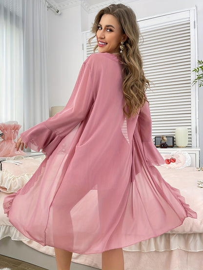 Sexy Mesh Semi-Sheer Strap+Cute Ruffle Long Sleeve Lightweight Mesh Outerwear Pajama Set