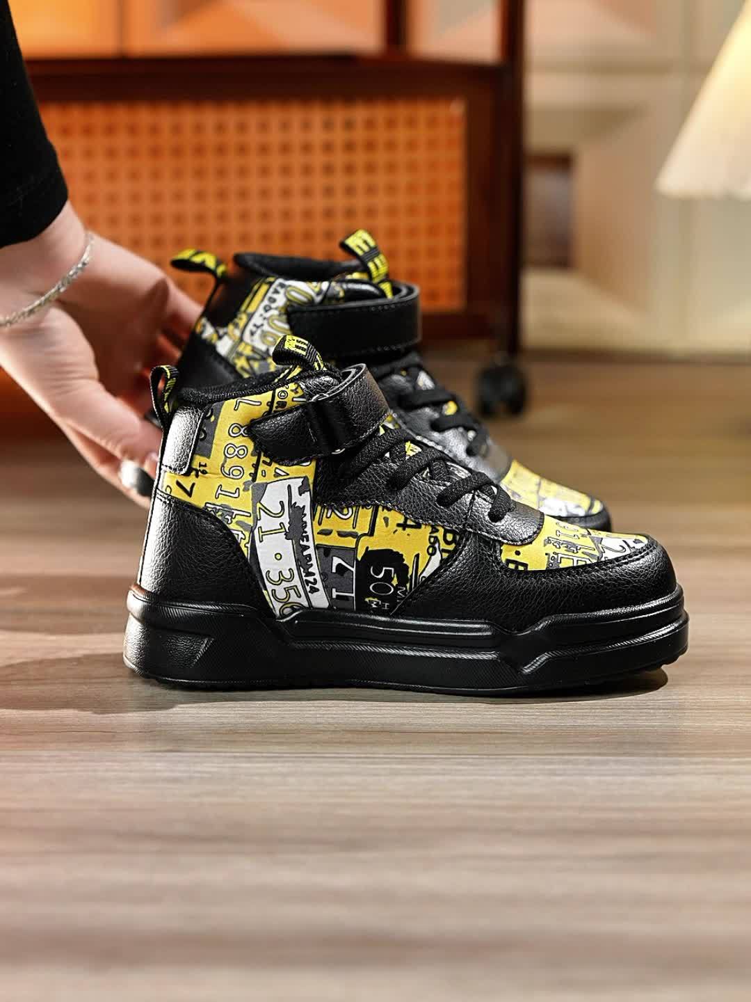 Kids' Trendy High-Top Sneakers with Adjustable Strap, Non-Slip EVA Sole, and Colorful Letter Print - Ideal for Casual and Outdoor Activities, Versatile High-Top Sneakers | Trendy Kids' Shoes | Durable Sneakers