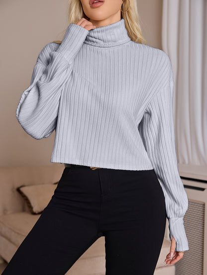 Women'S High Neck Knit Turtleneck T-Shirt, Solid Color Polyester 95% Spandex 5% Blend, Short Length, Fall/Winter Collection, 210g/m² Knit Fabric