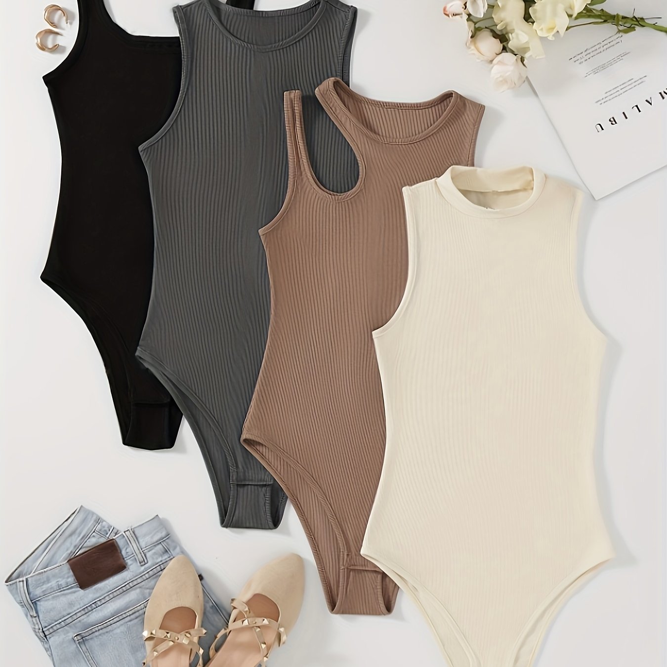 Women's 4pcs Ribbed Knit Bodysuits - Black, Gray, Brown, Beige, Stretchy & Comfortable, Sleeveless One-Piece Swimsuit Style, Machine Washable, All-Season Wear