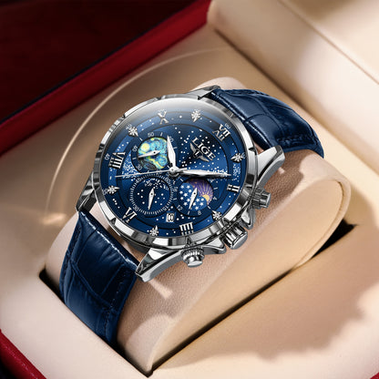 LIGE Luxury Quartz Chronograph Watch with Luminous Hands - Elegant Round Alloy Case, Blue Dial with Roman Numerals, Starry Night Design, Button Battery, Faux Leather Strap, Stylish Accessory|Starry Night Design|Luminous Hands