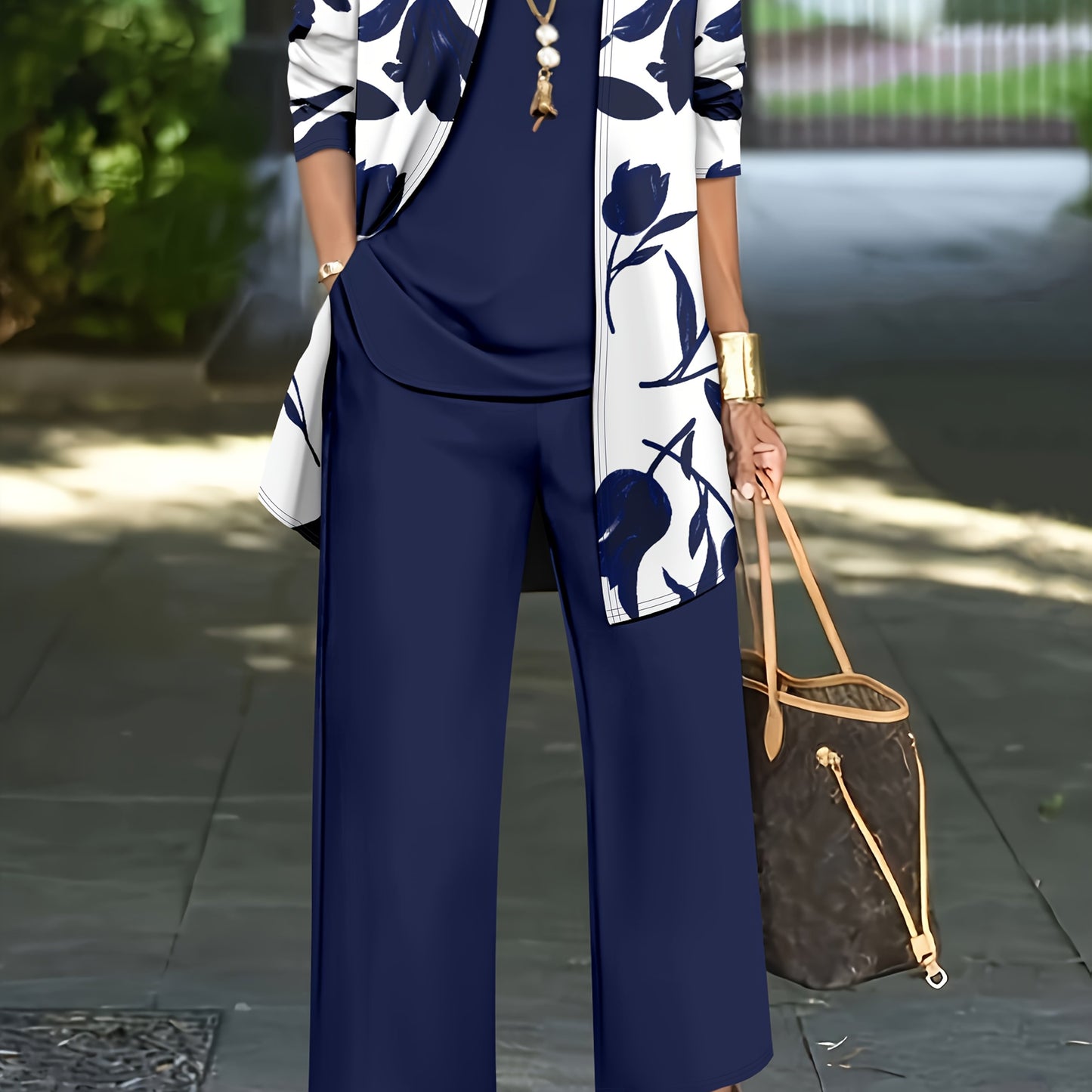 Women'S 3pcs Set, Floral Print Cardigan with Solid Color Cami and Wide-Leg Pants Casual Outfit