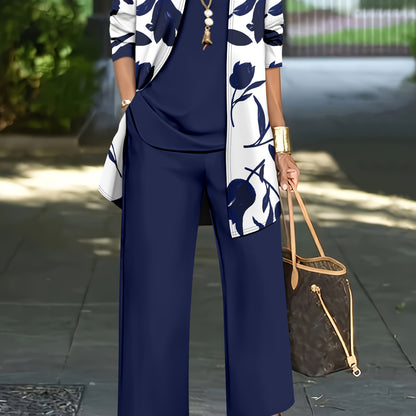 Women'S 3pcs Set, Floral Print Cardigan with Solid Color Cami and Wide-Leg Pants Casual Outfit
