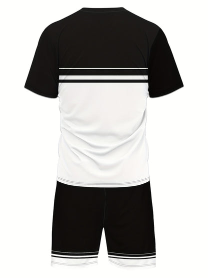 Men'S Casual "Milano Italia" Graphic Tee & Shorts Set - Black & White, Breathable Summer Outfit with Drawstring Waist, Comfortable for Casual Attire, Casual Attire|Italianinspired Design|Stretchy Fabric
