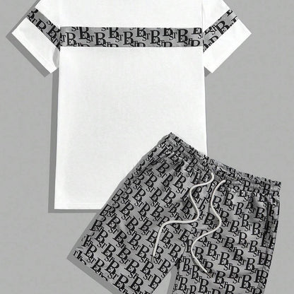 A fashionable letter print design T-shirt set, featuring a combination of round neck, short sleeves and shorts, is casual, simple, comfortable and soft. It is a two-piece set for Men's summer daily casual wear