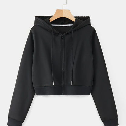 Zip Up Cropped Drawstring Hoodie, Casual Long Sleeve Sweatshirt For Spring & Fall, Women's Clothing