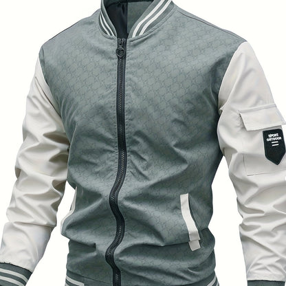 Men'S Lightweight Geometric Pattern Bomber Jacket - Casual Long Sleeve Zip-Up with Pockets, White & Gray, Polyester Lining, Perfect for Fall, Autumn Jacket
