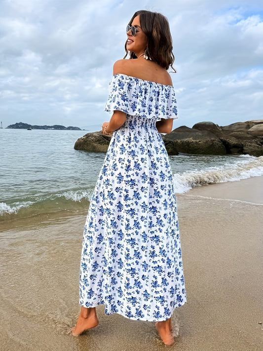 Elegant Off-Shoulder Floral Print Dress for Women - Chic High-Low Hem with Ruffle Detail, Polyester, Machine Washable - Ideal for Spring/Summer/Fall Beach Holidays, Beach Dress