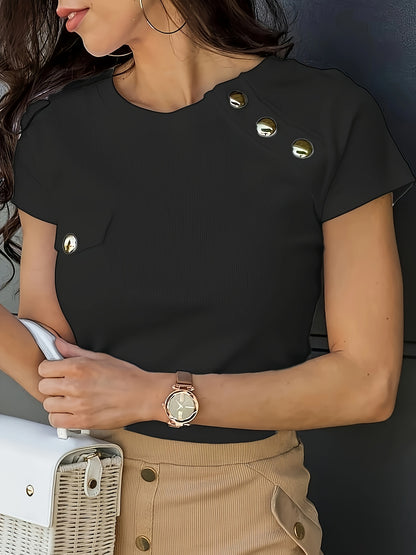 Women'S Elegant Button-Front T-Shirt with Golden Button Details - Breathable Short Sleeve Round Neck Top, Lightweight Fabric, Faux Pockets, Perfect for Summer Office & Date Night Outfits, Casual Chic Style, Date Night Outfit,