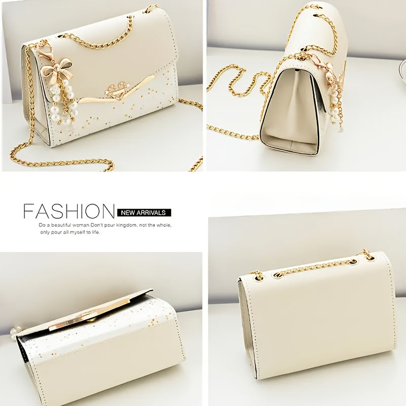 Women's Glitter Crossbody Bag with Accents & Detachable Chain Strap - Small Square Shoulder Bag, Magnetic Closure, Golden-Tone Hardware, White//Red/Black for Casual & Formal Occasions, Crossbody Purse, Versatile Accessory, Ev