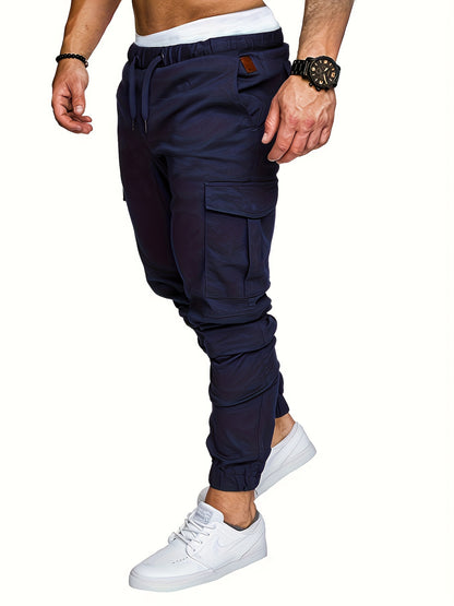 Men'S Casual Cargo Pants, 95% Cotton 5% Spandex, Skinny Fit, Solid Color, Long Length, Woven Fabric, Non-Stretch, with Pockets, 215g/m² Weight